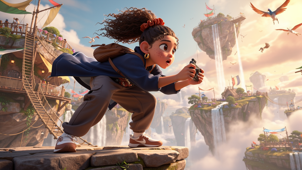 3D Animation style — Zara on a floating sky island, Pixar quality