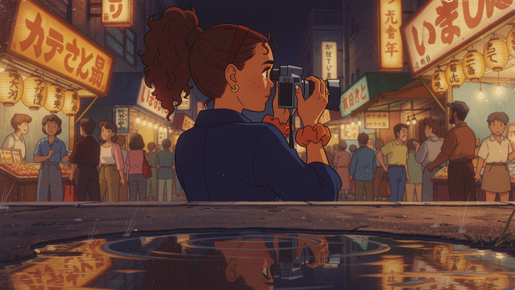 Retro Anime style — Zara in a rainy 80s night market