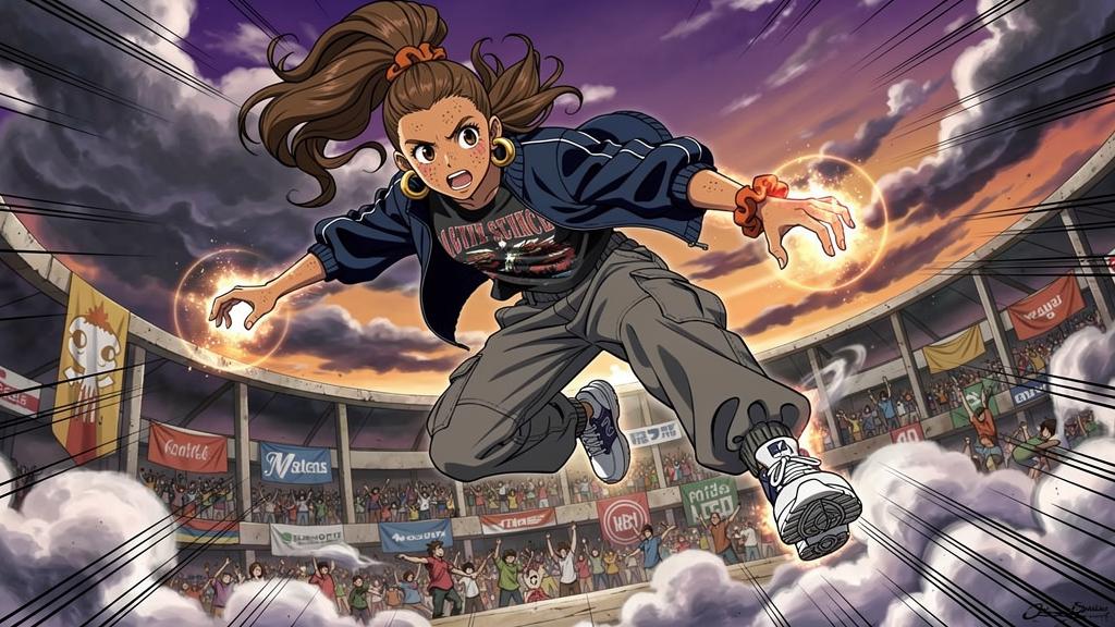 Shonen Anime style — Zara mid-leap in a sky battle arena