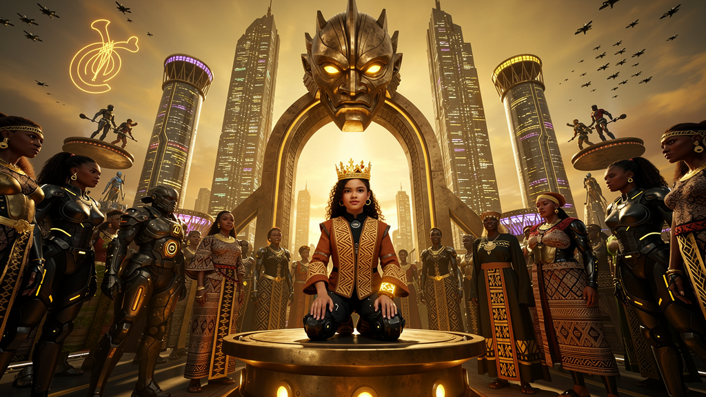 Afro-Futuristic style — Zara receiving an initiation ceremony in New Accra 2157