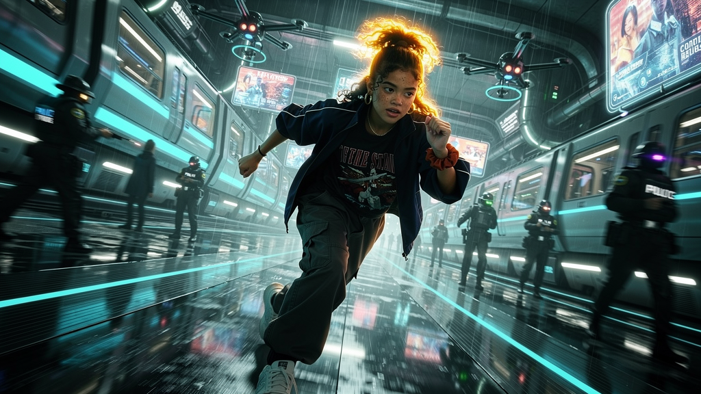 Galaxy Sci-Fi style — Zara running through a cyberpunk transit hub